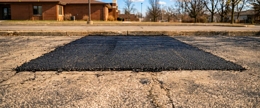 Asphalt patch repair on a damaged section of pavement