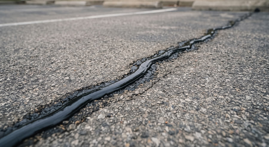Hot-pour rubberized sealant being applied to an asphalt crack